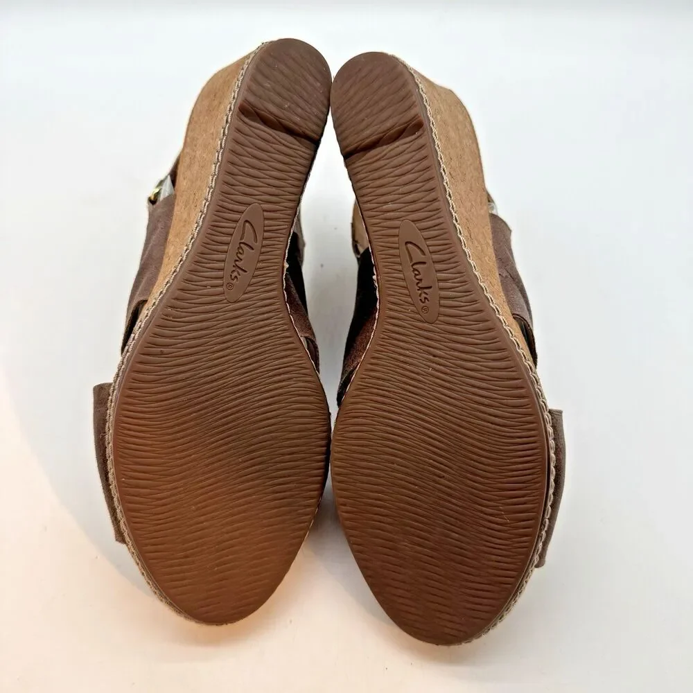 Clarks Helio Float Wedge Sandal Women’s 9.5M Brown Hook & Loop Leather Slingback